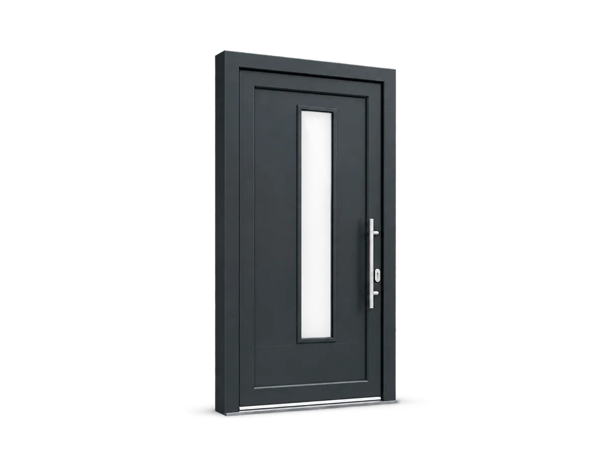 Moderne antracietkleurige voordeur met een verticaal glaspaneel